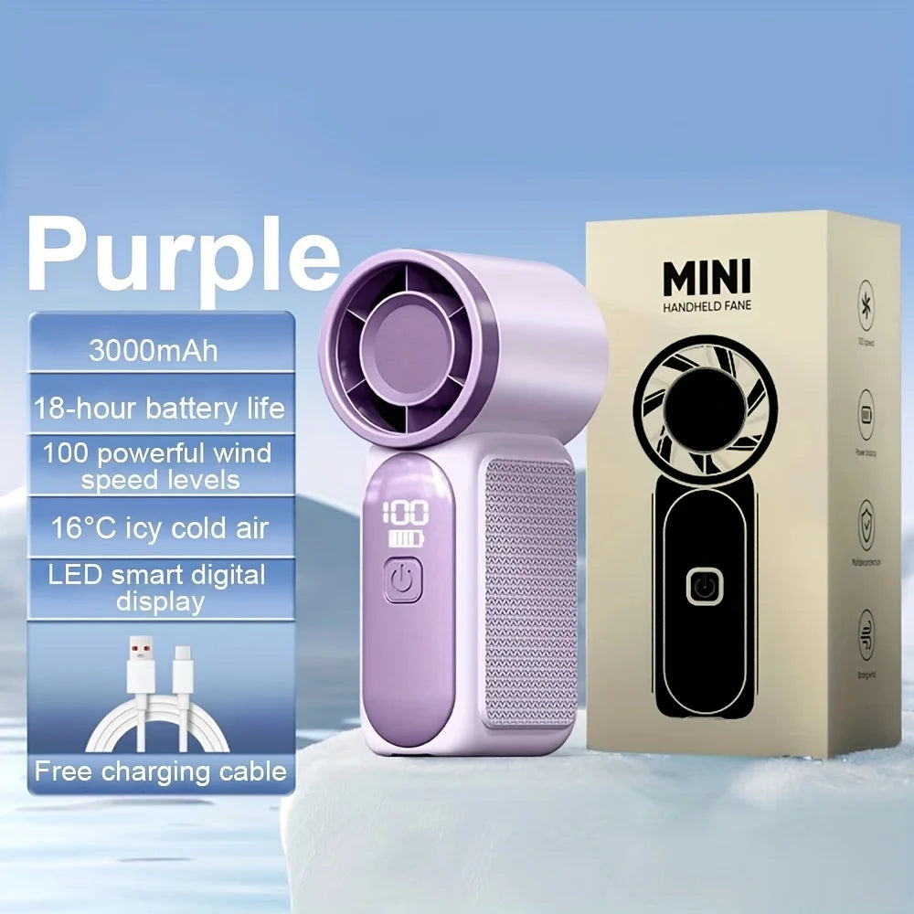 A purple mini handheld fan is displayed on a white surface next to its packaging box.