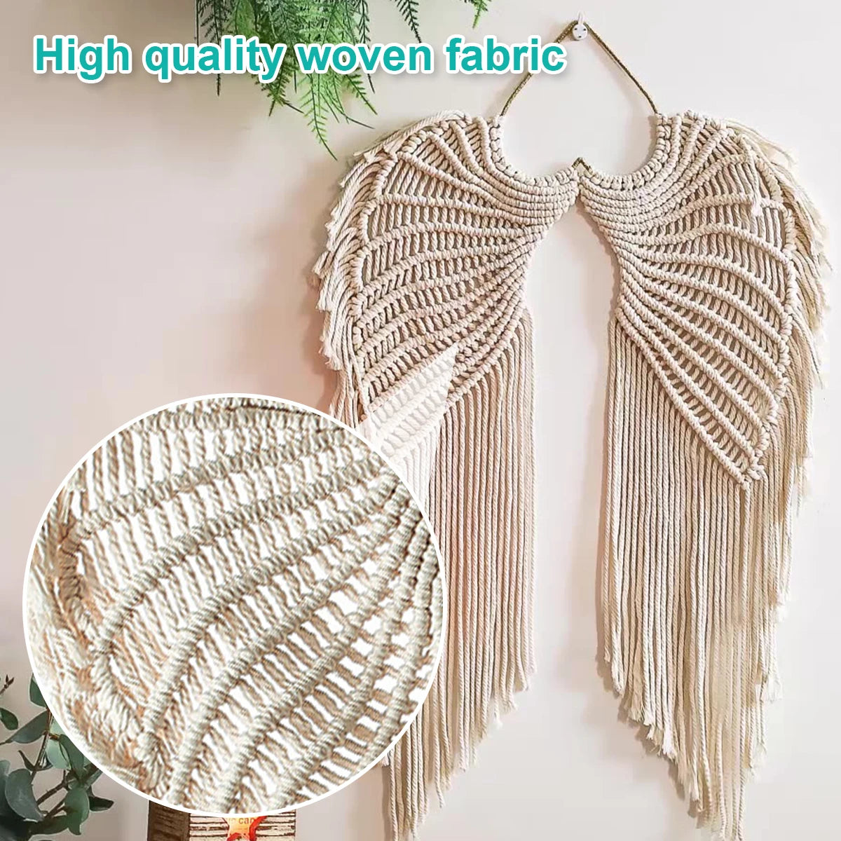 Handwoven angel wing macrame wall hanging made of natural fiber with fringe details.