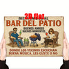 A rustic wooden sign reads 2D flat bar del patio with text about good music and friends, featuring people relaxing outdoors.