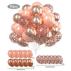 A bunch of 30 rose gold and copper confetti balloons, including inflated balloons and long balloon strings.