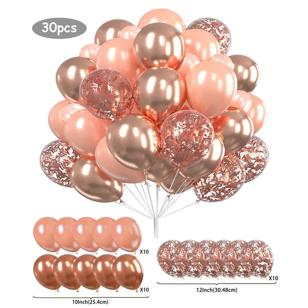 A bunch of 30 rose gold and copper confetti balloons, including inflated balloons and long balloon strings.