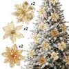 Set of six glittered artificial gold and cream flowers with clips for Christmas decorations