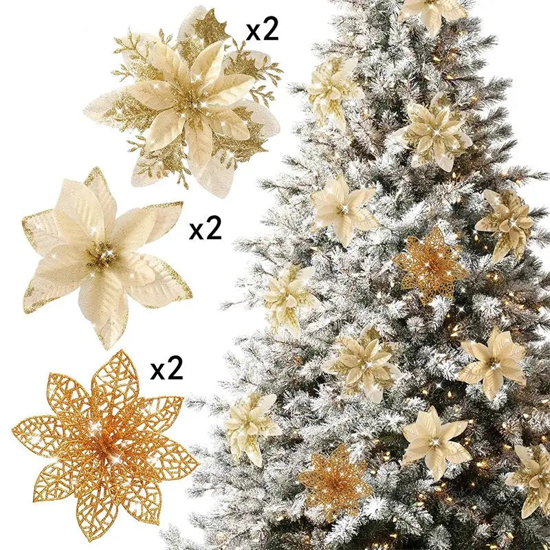 Set of six glittered artificial gold and cream flowers with clips for Christmas decorations