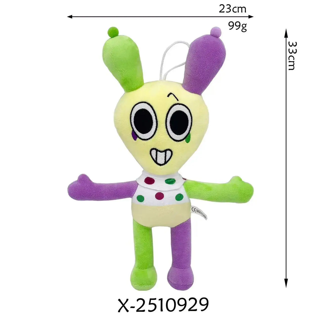A soft stuffed animal plush toy with green and purple features, measuring 23cm tall.