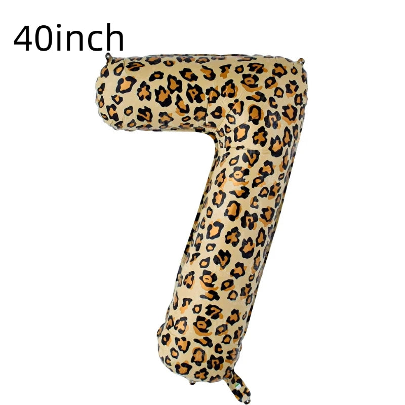 A large, inflatable number balloon shaped like the number 7 in a leopard print pattern.
