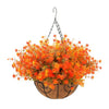 Realistic artificial orange and yellow flowers in a dark brown hanging basket