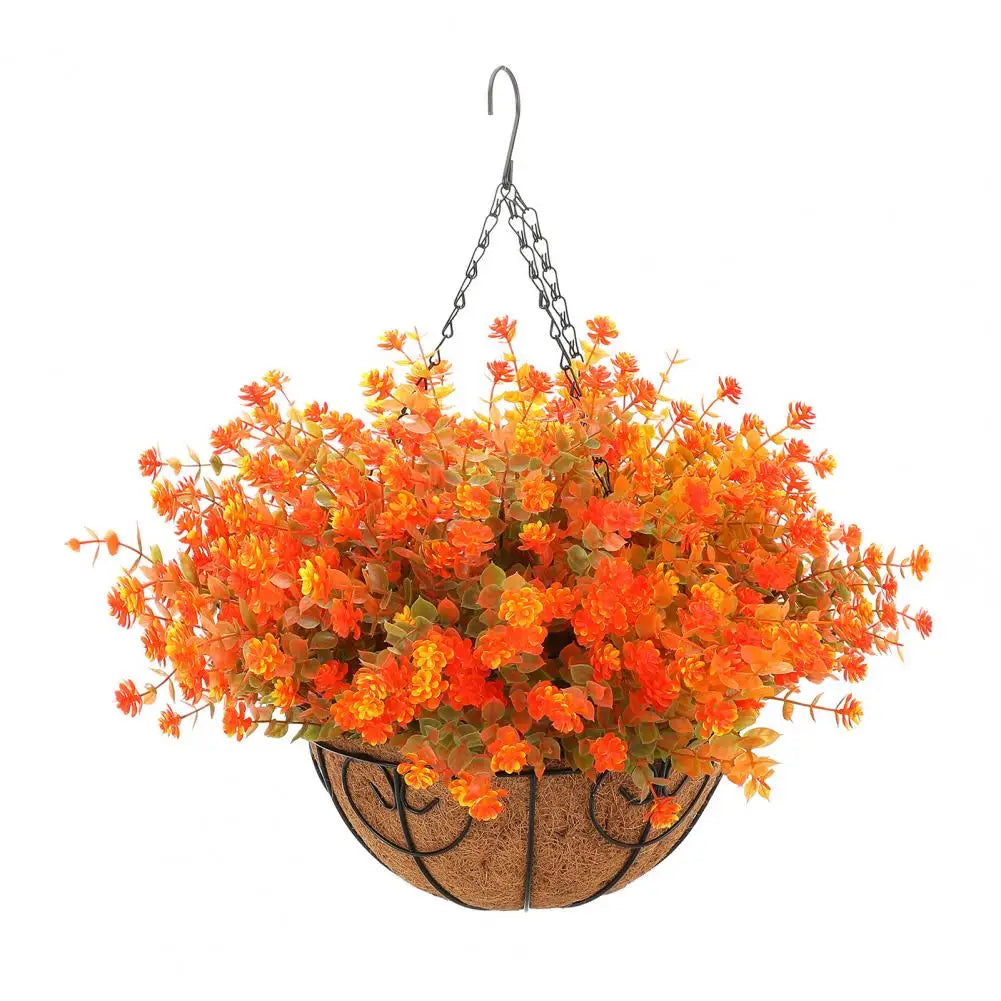 Realistic artificial orange and yellow flowers in a dark brown hanging basket