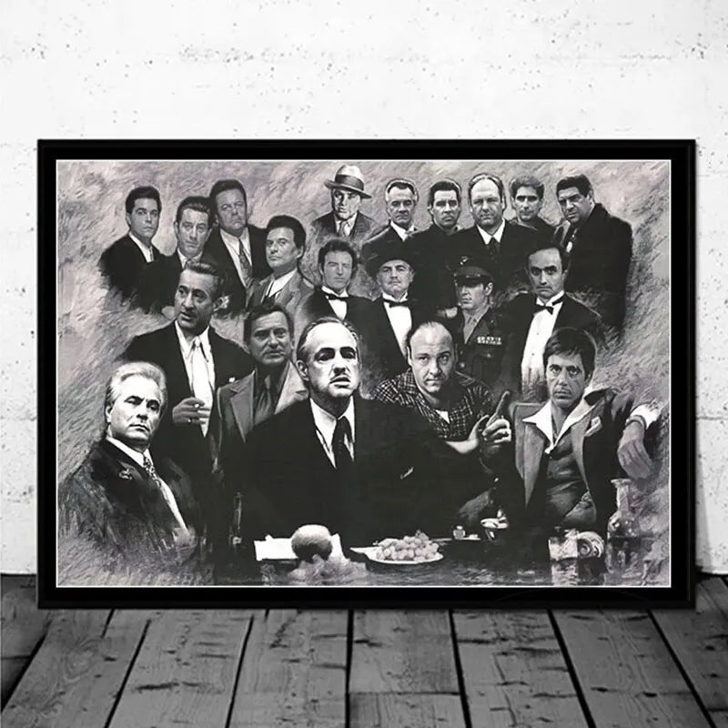 Black and white canvas art depicting a group of men in formal attire, resembling characters from The Godfather.