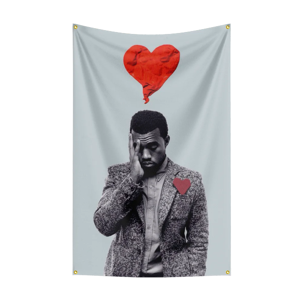 A portrait of a man with his hand to his face, set against a light gray flag tapestry featuring a red heart.