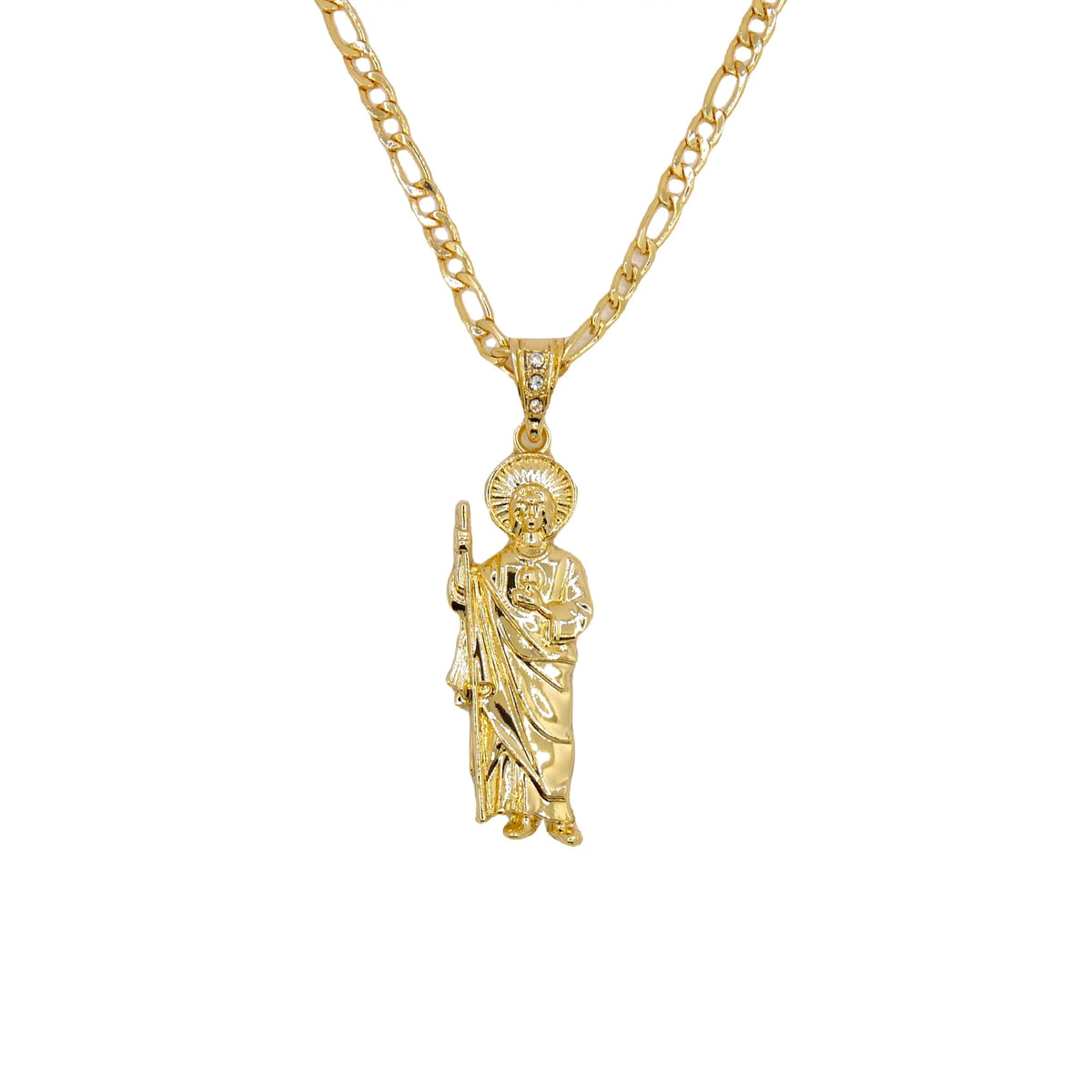 A gold-plated pendant necklace featuring a figure of Saint Jude.