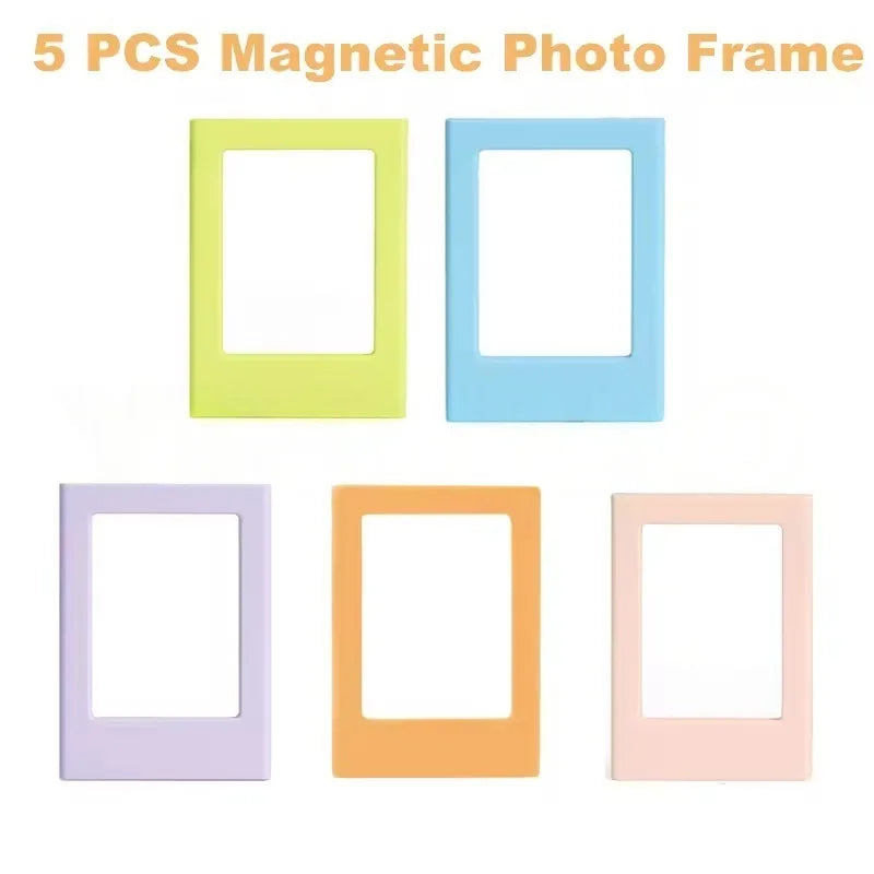 Five magnetic photo frames in pastel colors including yellow, blue, purple, and peach.