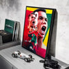 A framed canvas art poster featuring a close-up portrait of Ronaldo in a red and green football kit.