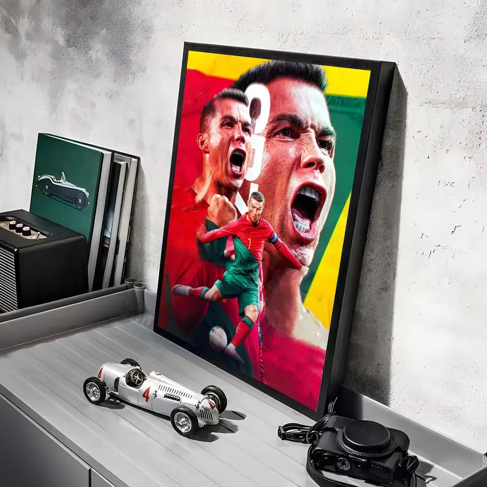 A framed canvas art poster featuring a close-up portrait of Ronaldo in a red and green football kit.