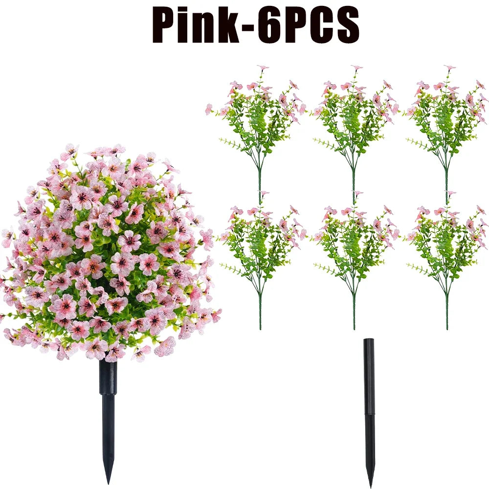 Six pink artificial flowering branches on black stems for outdoor and indoor decoration