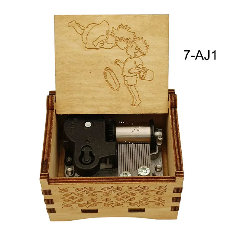 A wooden box containing a music melody mechanism and an illustration of a character.