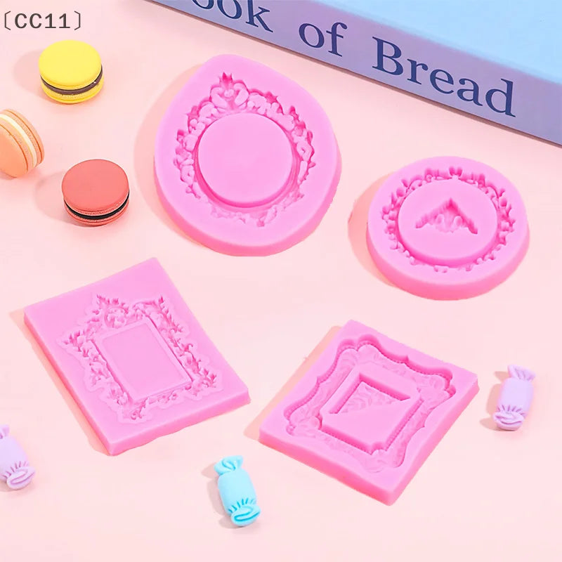 Four pink silicone frame molds for chocolate clay and crafts displayed on a light pink background.