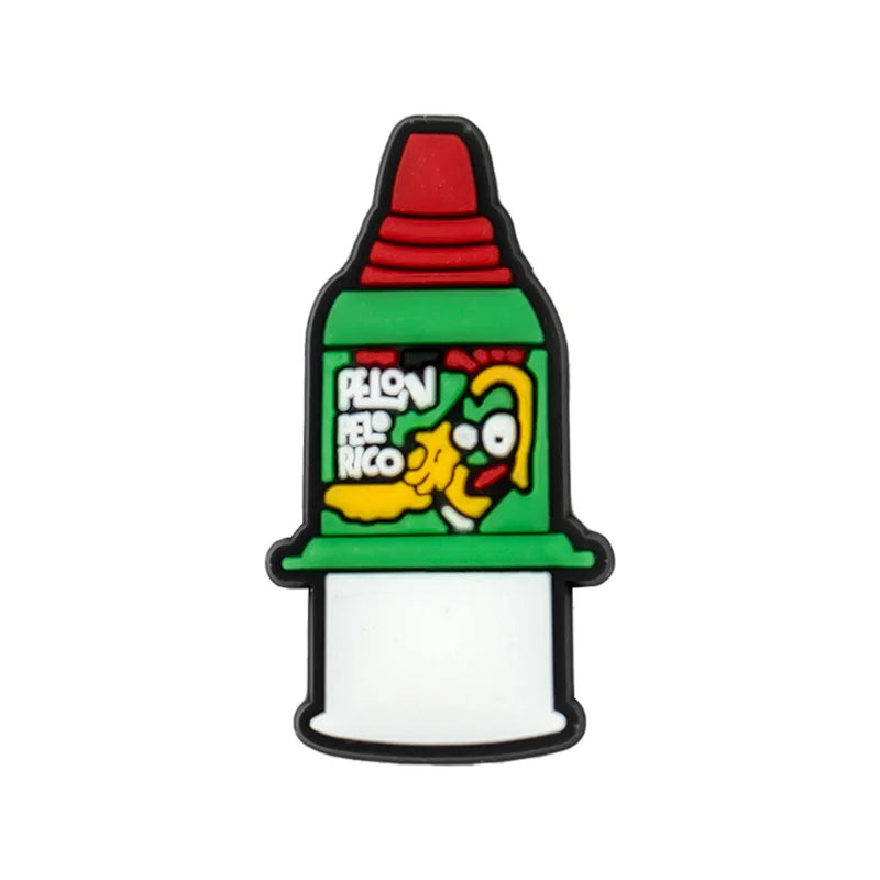 A colorful PVC shoe charm shaped like a red and green vape pen with a cartoon face.