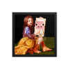 A framed painting depicting two characters, one human-like and one pig-like, in a dark setting.