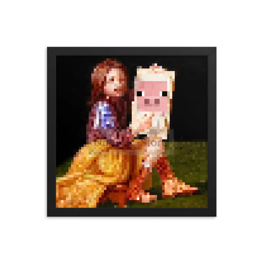 A framed painting depicting two characters, one human-like and one pig-like, in a dark setting.