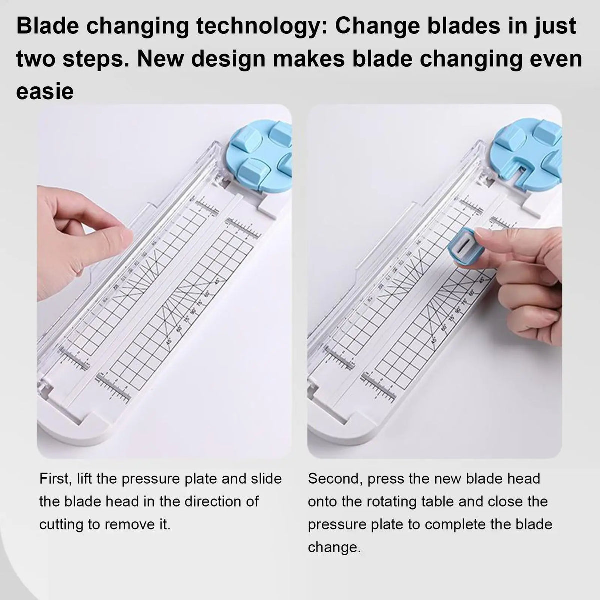 Les mains démontrent la technologie de changement de lame en deux étapes pour une trancheuse de papier, montrant comment soul