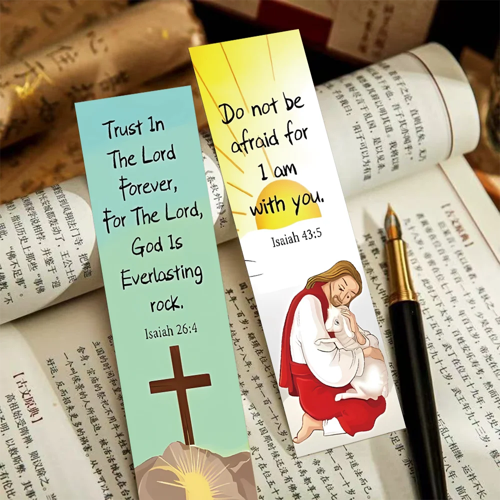 A close-up photo of three inspirational Bible verse bookmarks featuring verses from Isaiah 26:4 and 43:5 on a textured page.