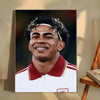 A portrait of Lamine Yamal smiling, wearing a white and red football jersey collar.