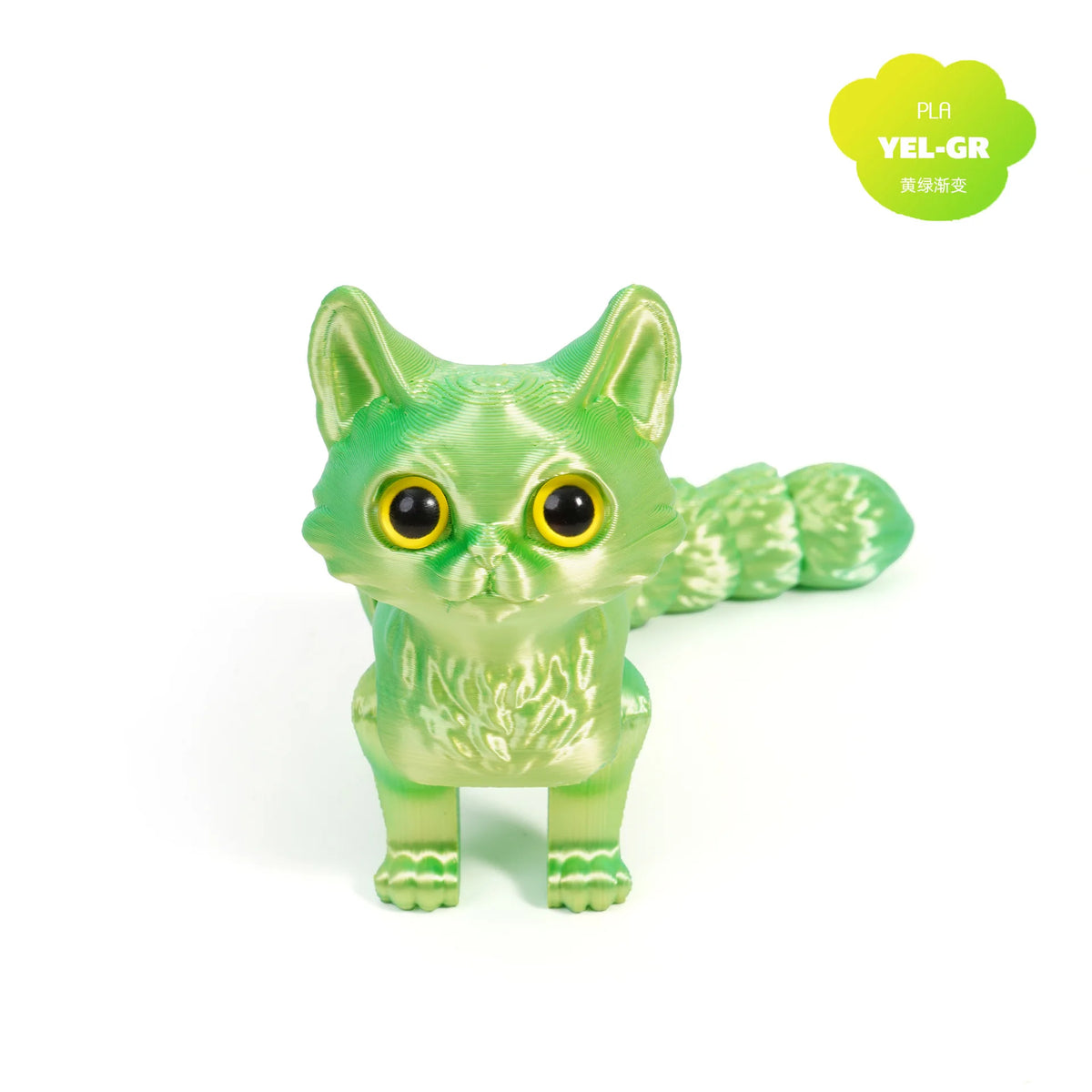 A bright green 3D printed cat figurine with an articulated tail.