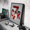 A framed canvas art poster featuring the text CR7 in large red letters with a depiction of Ronaldo in a racing outfit.