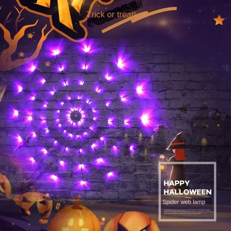 Purple spider web LED string lights illuminating a brick wall for Halloween decor