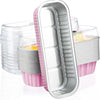 A stack of pink and silver rectangular mini foil bread trays with lids, some containing food.