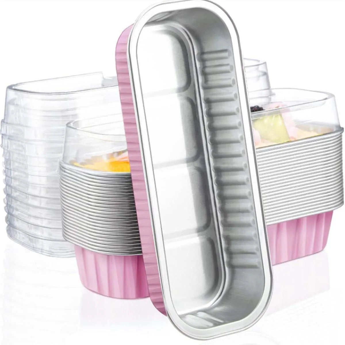 A stack of pink and silver rectangular mini foil bread trays with lids, some containing food.