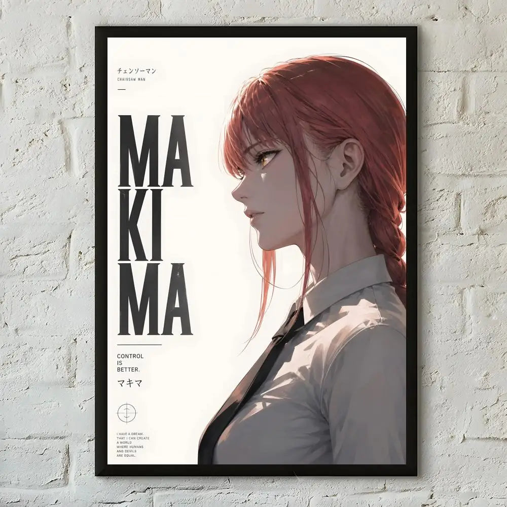 A minimalist poster featuring a portrait of Makima from Chainsaw Man in a profile view.