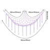 A diagram showing the dimensions of a cotton corner toy hammock for stuffed animals and plushies with hanging strands.
