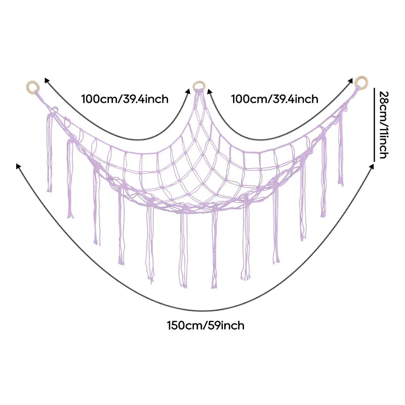 A diagram showing the dimensions of a cotton corner toy hammock for stuffed animals and plushies with hanging strands.
