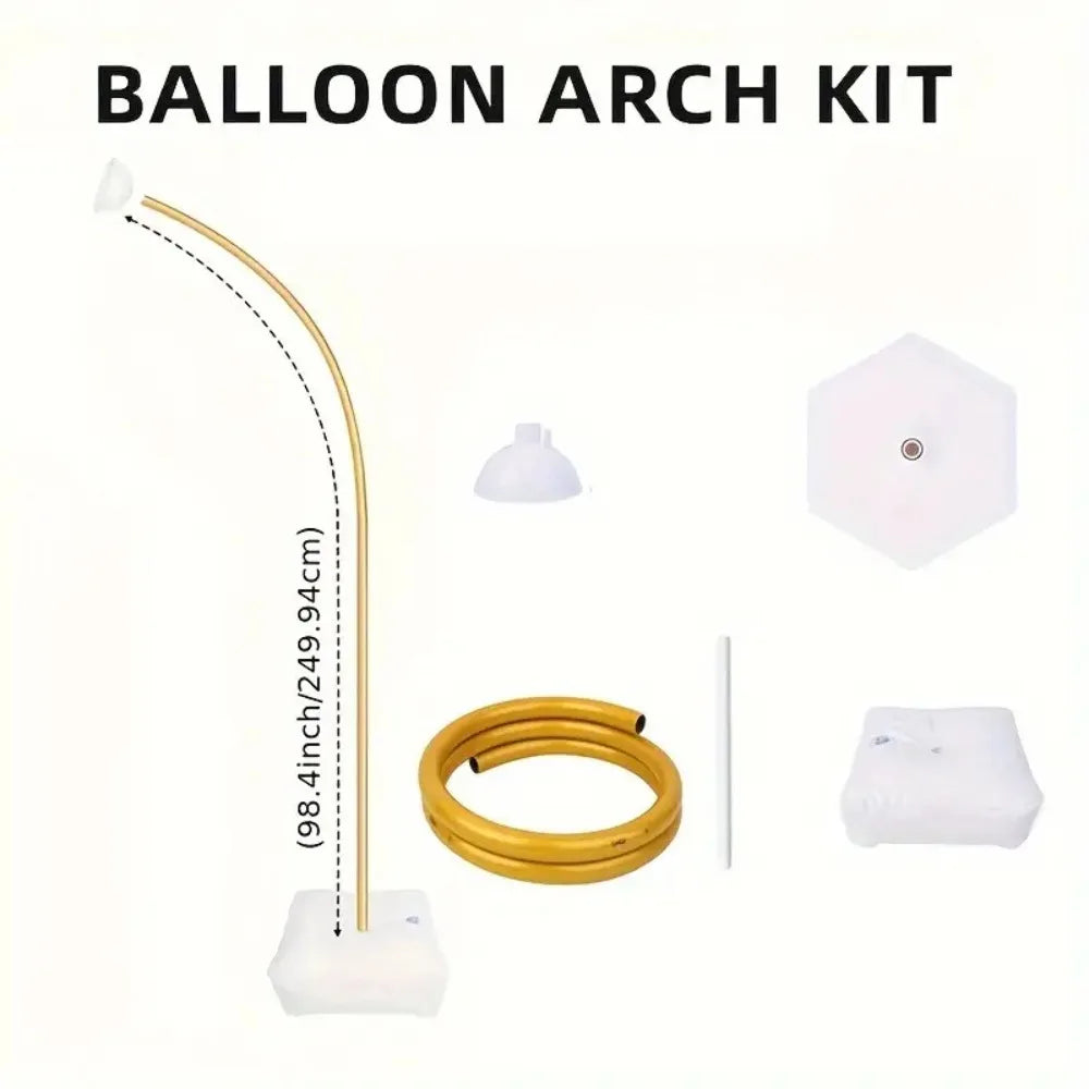 A balloon arch kit showing a gold-colored flexible light fixture and various white components for decoration.