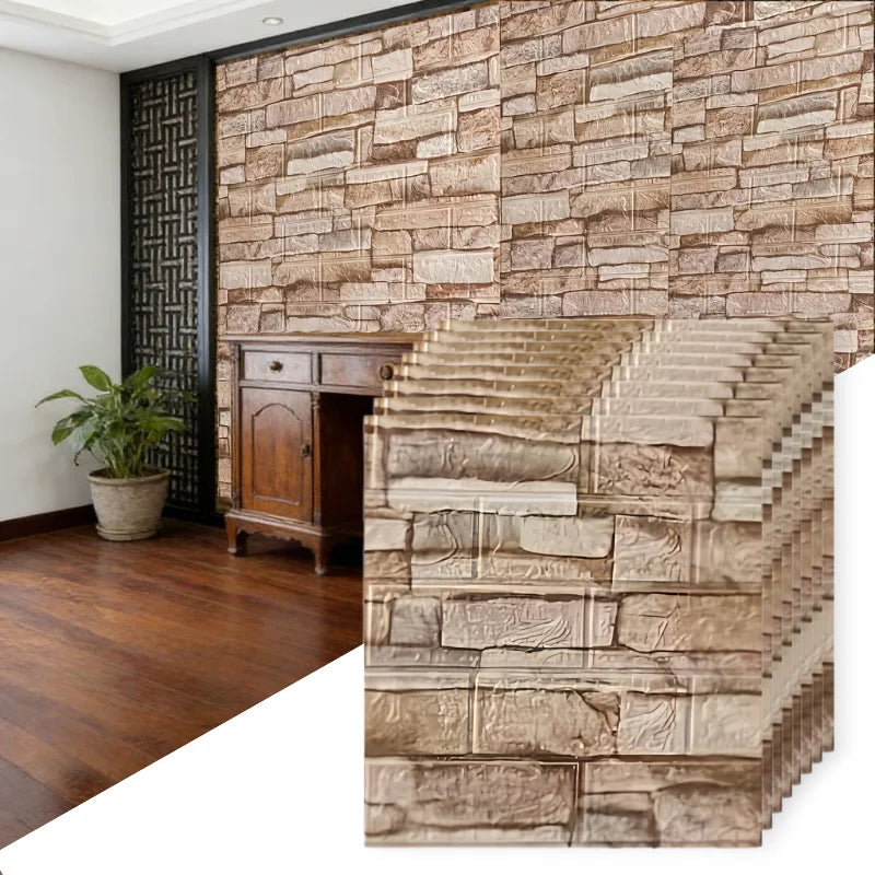 A close-up of 3D foam brick wallpaper panels in earthy tones mounted on a textured stone wall.