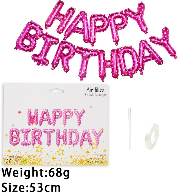 A set of 13 pink foil letter birthday balloons with a gold star confetti background.