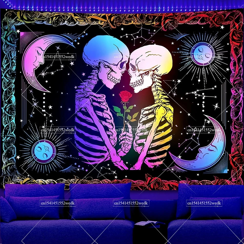 UV reactive chakra lotus tapestry wall hanging featuring skulls and crescent moons against a dark background