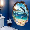 A wall sticker featuring a dolphin mural inside a broken, natural-edge frame on a blue wall.