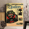 Affiche intitulée Option montrant une voiture Toyota Gazoo Racing noire sur un fond clair.