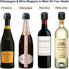A collection of various wine stoppers including Prosecco, Champagne, Red wine, and White wine bottles.