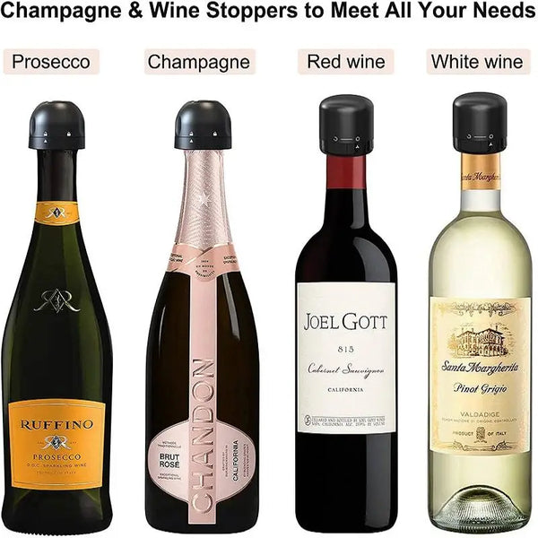 A collection of various wine stoppers including Prosecco, Champagne, Red wine, and White wine bottles.