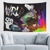 A vibrant piece of wall art featuring a stylized purple and green logo surrounded by colorful paint splatters and floral elem