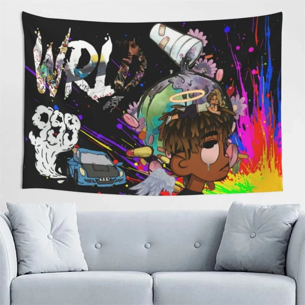 A vibrant piece of wall art featuring a stylized purple and green logo surrounded by colorful paint splatters and floral elem