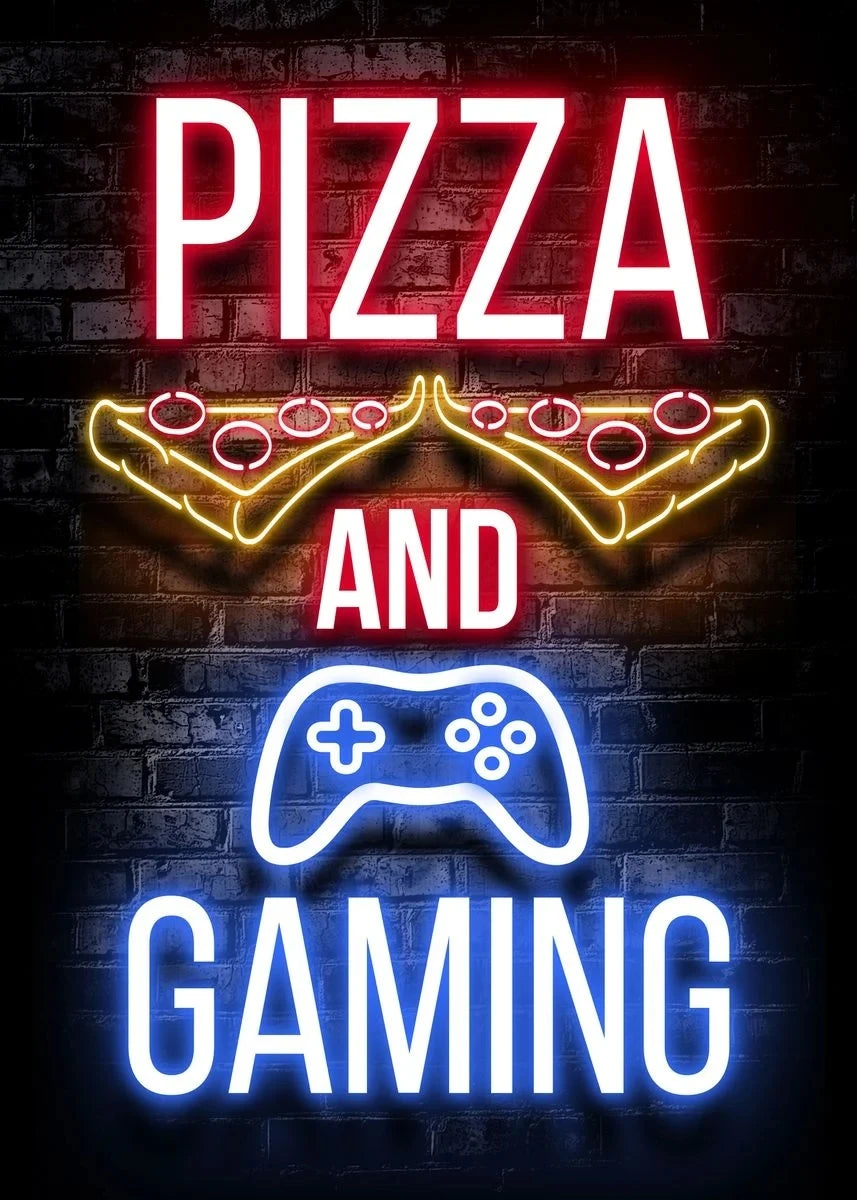 Neon sign style text reading PIZZA AND GAMING on a brick wall background