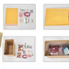Various yellow and pink plastic self-adhesive shipping pouches and cardboard boxes displayed in a grid.