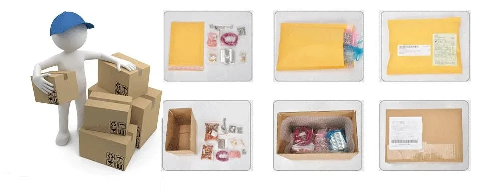 Various yellow and pink plastic self-adhesive shipping pouches and cardboard boxes displayed in a grid.
