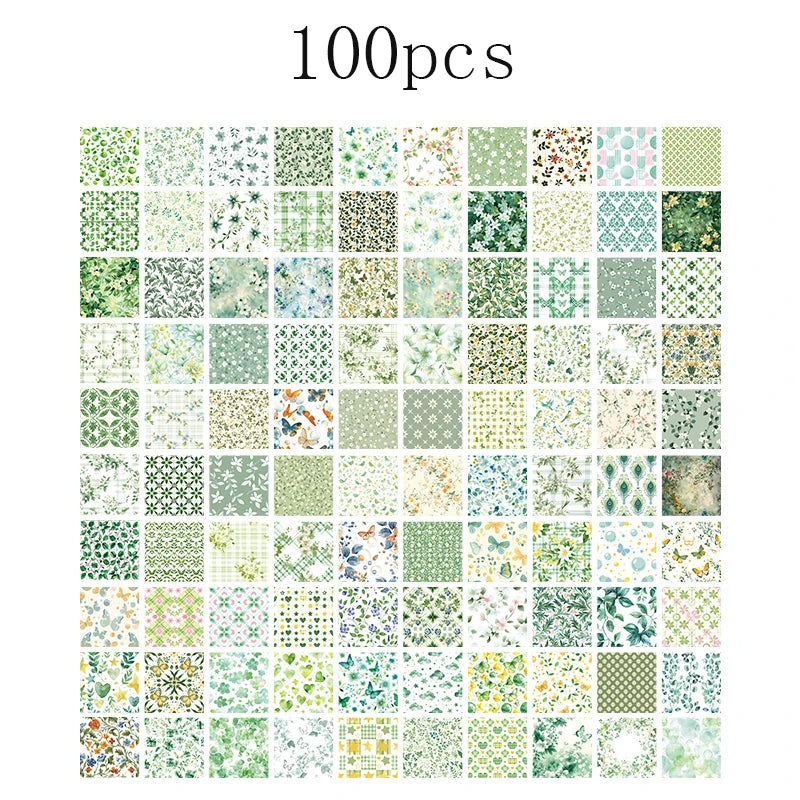 A collection of 100 pieces of vintage patterned paper for junk journals and scrapbooking.