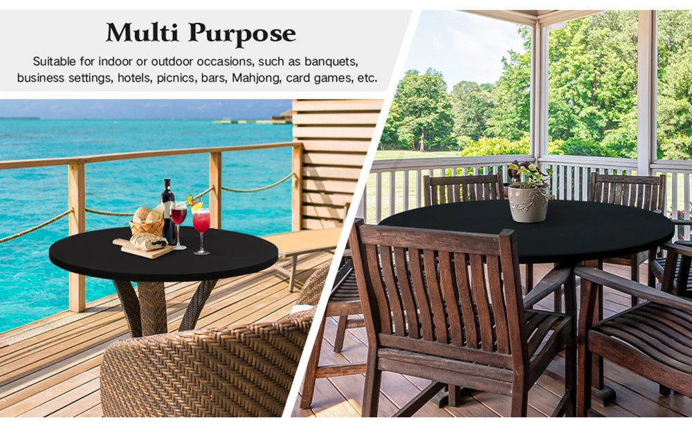 A dark round table set outdoors on a wooden deck with a glass of red wine and food, suitable for various events.