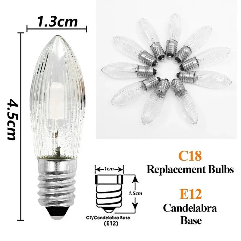 A set of C18 replacement bulbs and an E12 candelabra base is shown with dimensions.